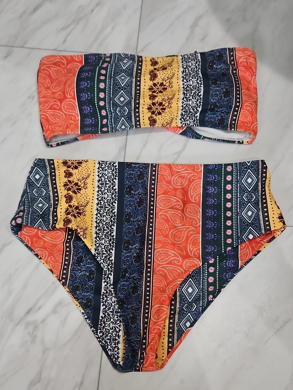 SHEIN Orange Navy Yellow Patterned Bandeau Bikini Set